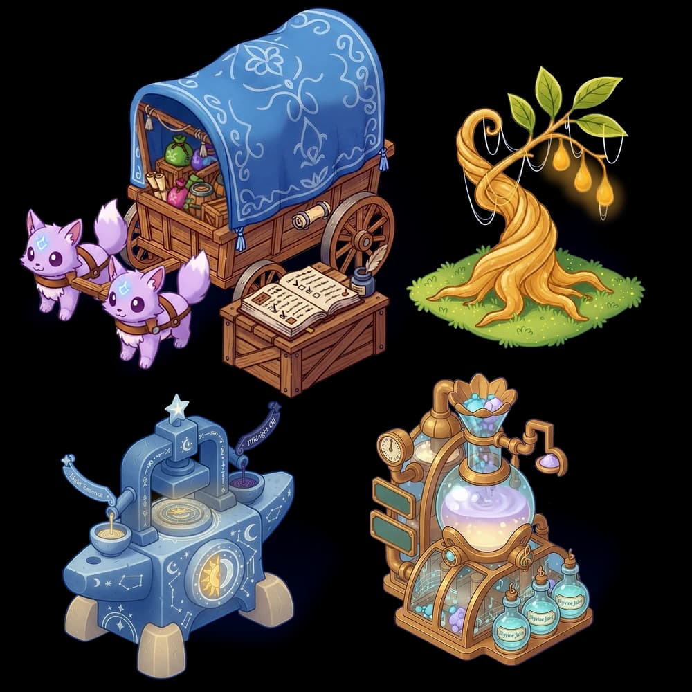 Evergrove: fox caravan and world-tree decor set
