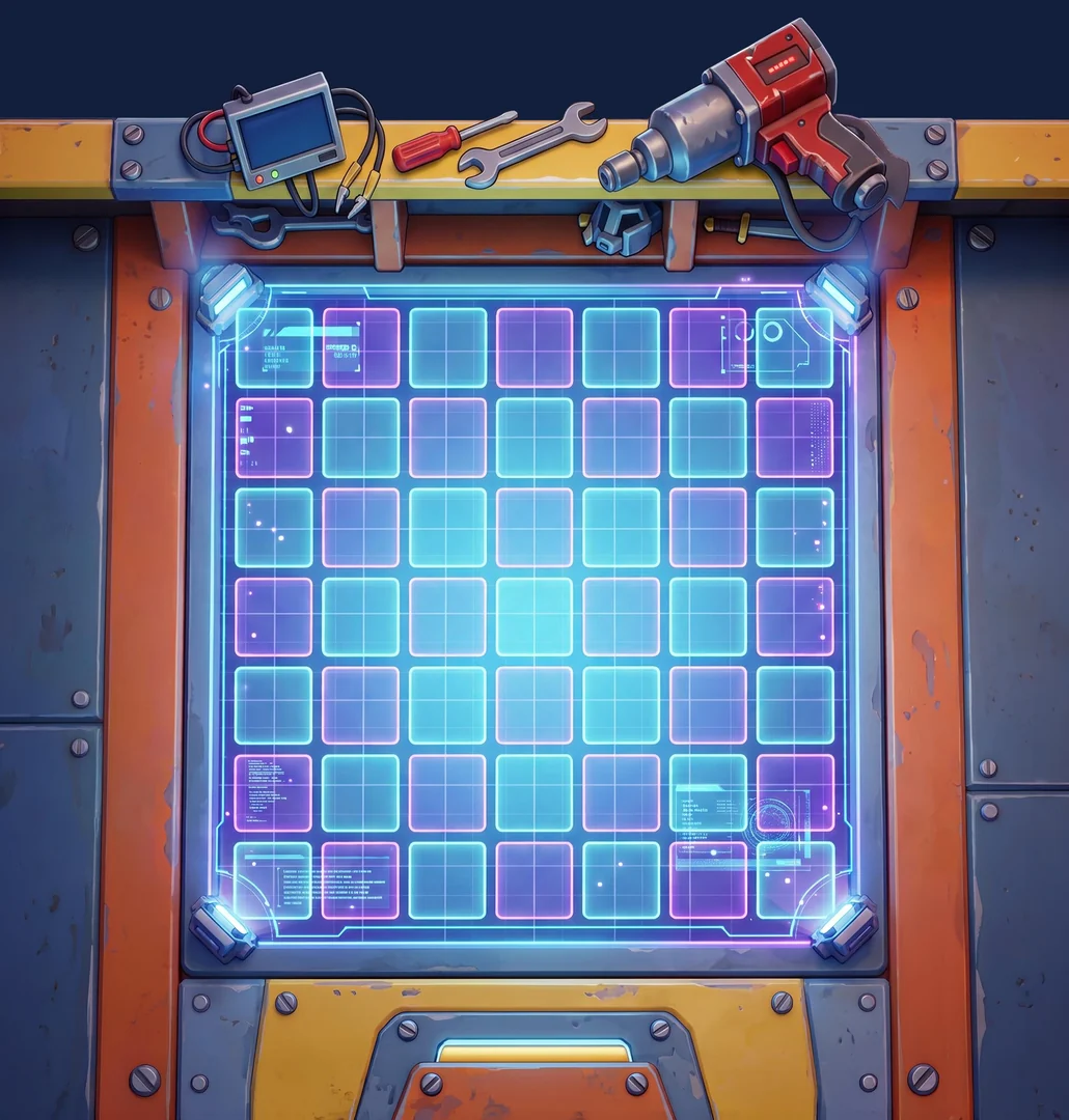 The painted workbench with an empty hologram grid