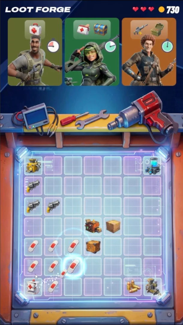 The board mid-game, full of items
