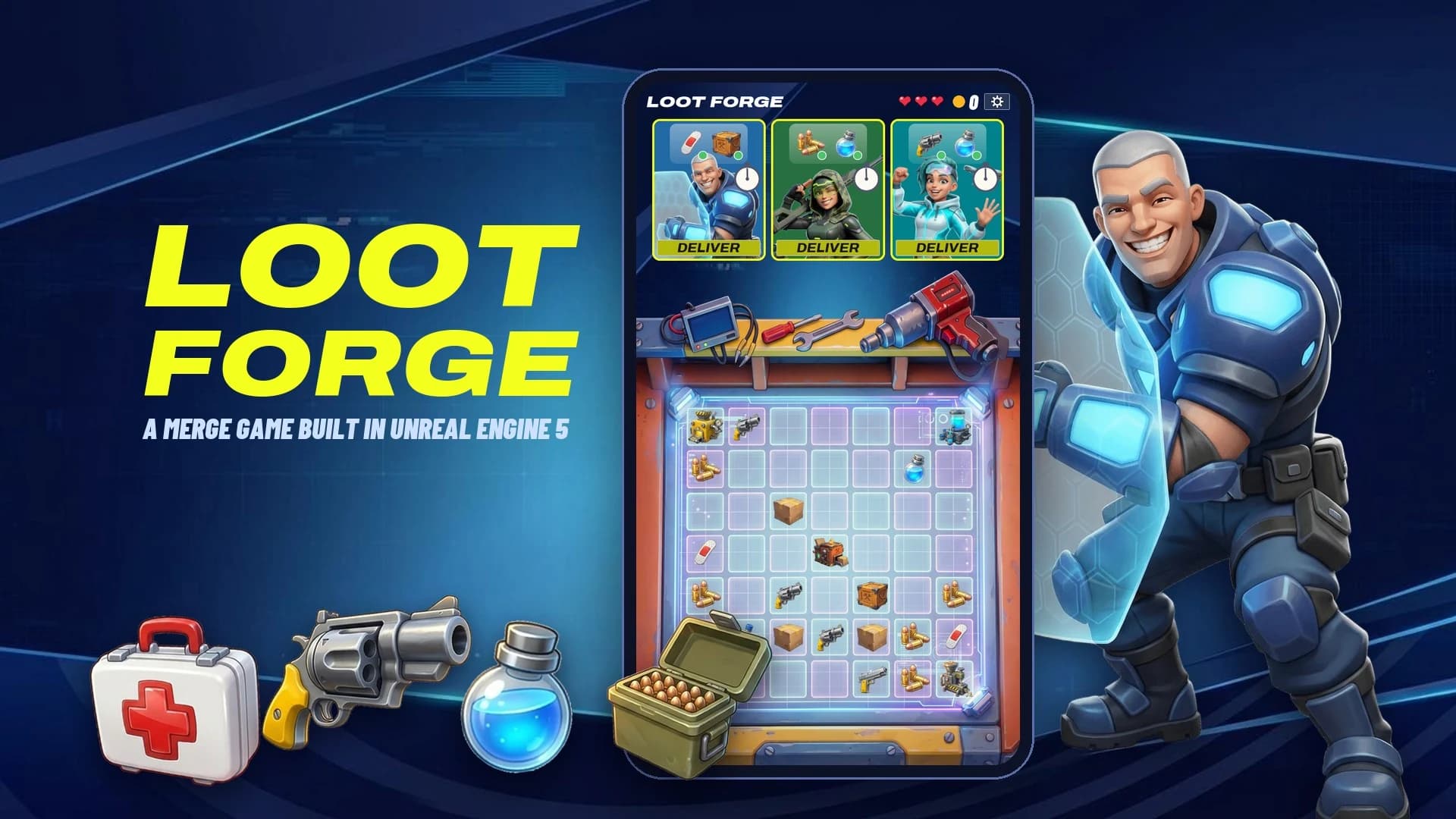 Loot Forge · A merge game I built solo in Unreal Engine 5, boosted with AI and kept in control with Blueprints