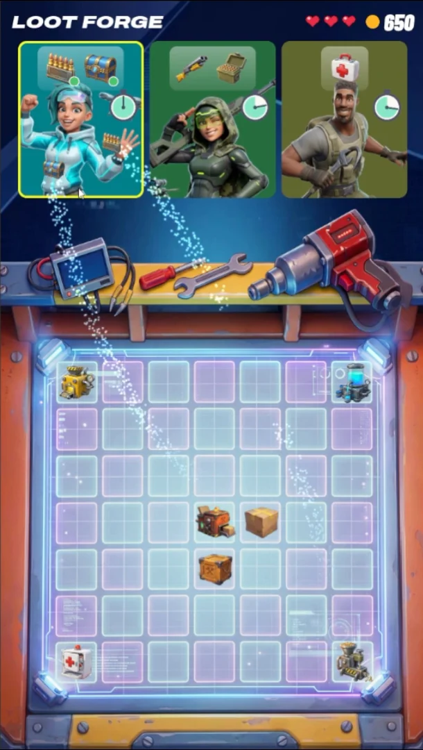 The item flies from the board to the hero card