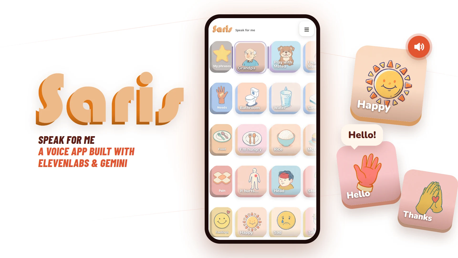 Saris · Speak For Me · Tap a card and it speaks, in a voice that feels like hers