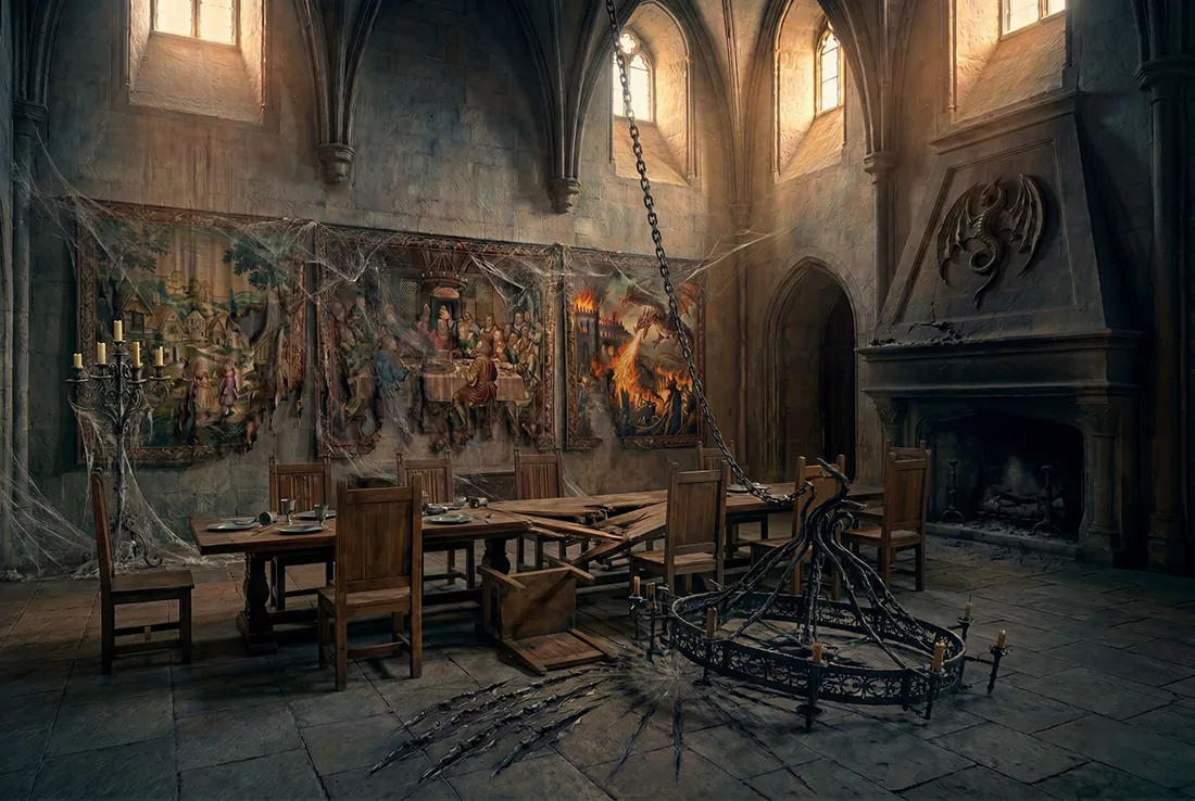 Great Hall in ruins, before restoration