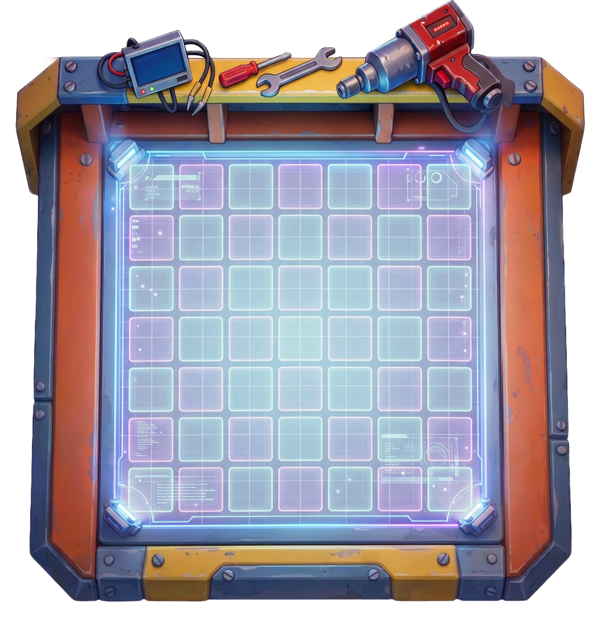 The full merge board asset: a painted workbench with a 7×7 hologram grid, on a transparent background