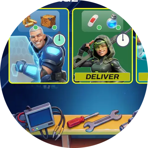 Looping close-up: delivered items fly up to a hero card with a particle trail and burst
