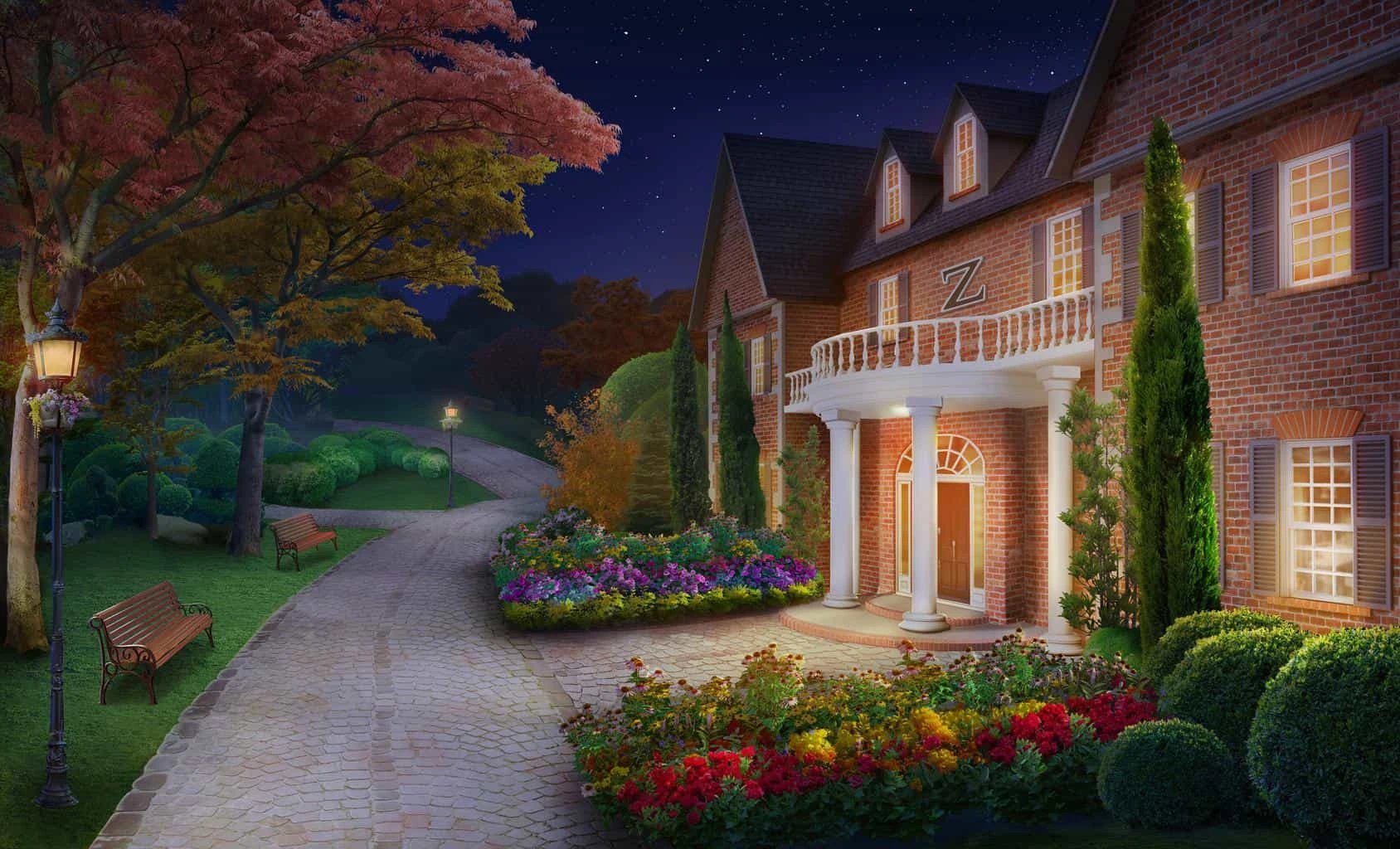 Sorority house exterior at night