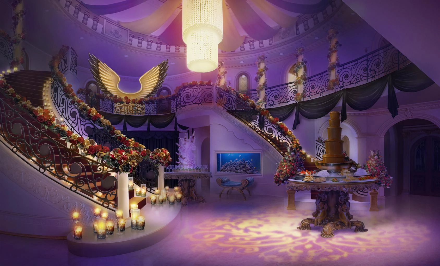 Mansion foyer set for a party