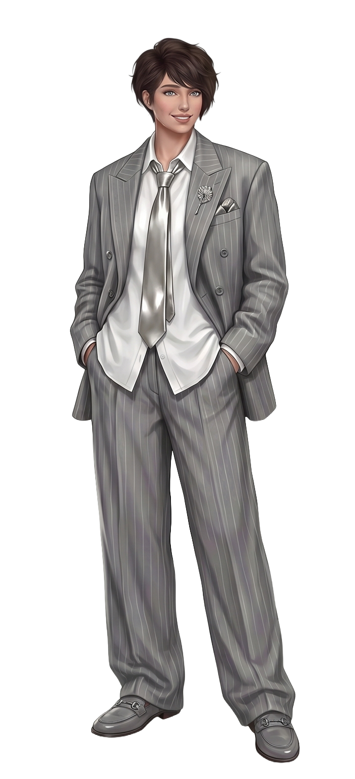 Player character in the gray pinstripe suit